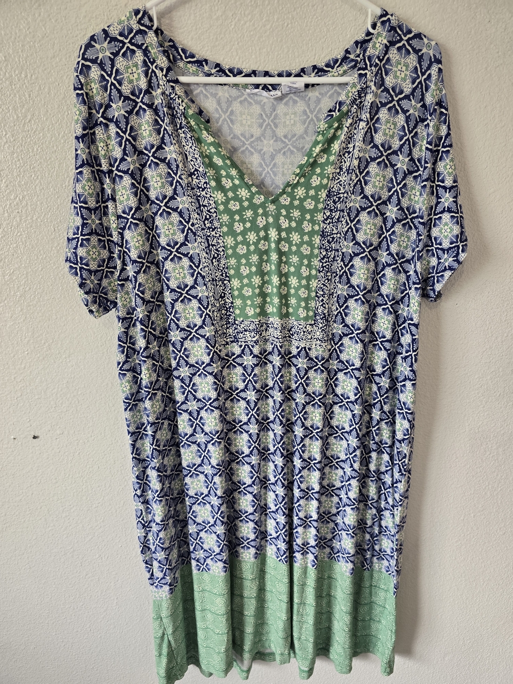 Lucky Brand Blue Green Medallion Print Short Sleeve Boho Dress Size 2X